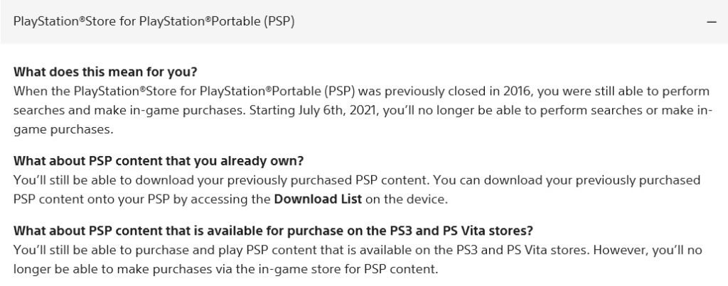 PSP store full closure