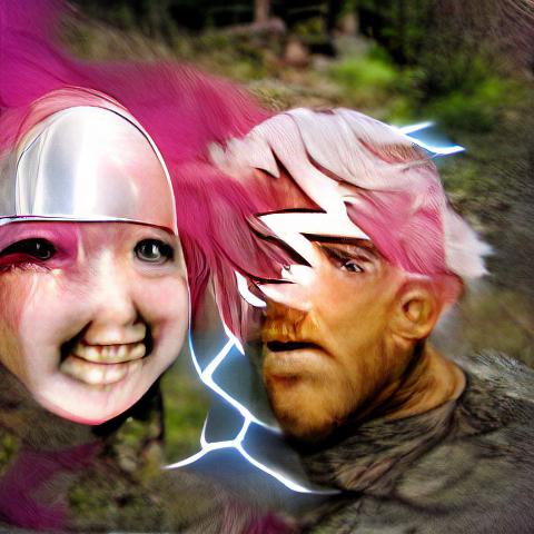 AI art: Man with an iron face meets pink-haired lightning girl, adventure ensues