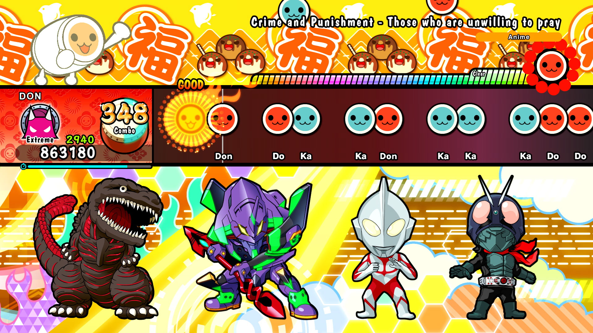 New content from the Shin Japan Heroes Universe Pack DLC from Taiko no Tatsujin: Rhythm Festival, depicting characters from the Shin Japan Heroes Universe cheerleading you through an all-new song.