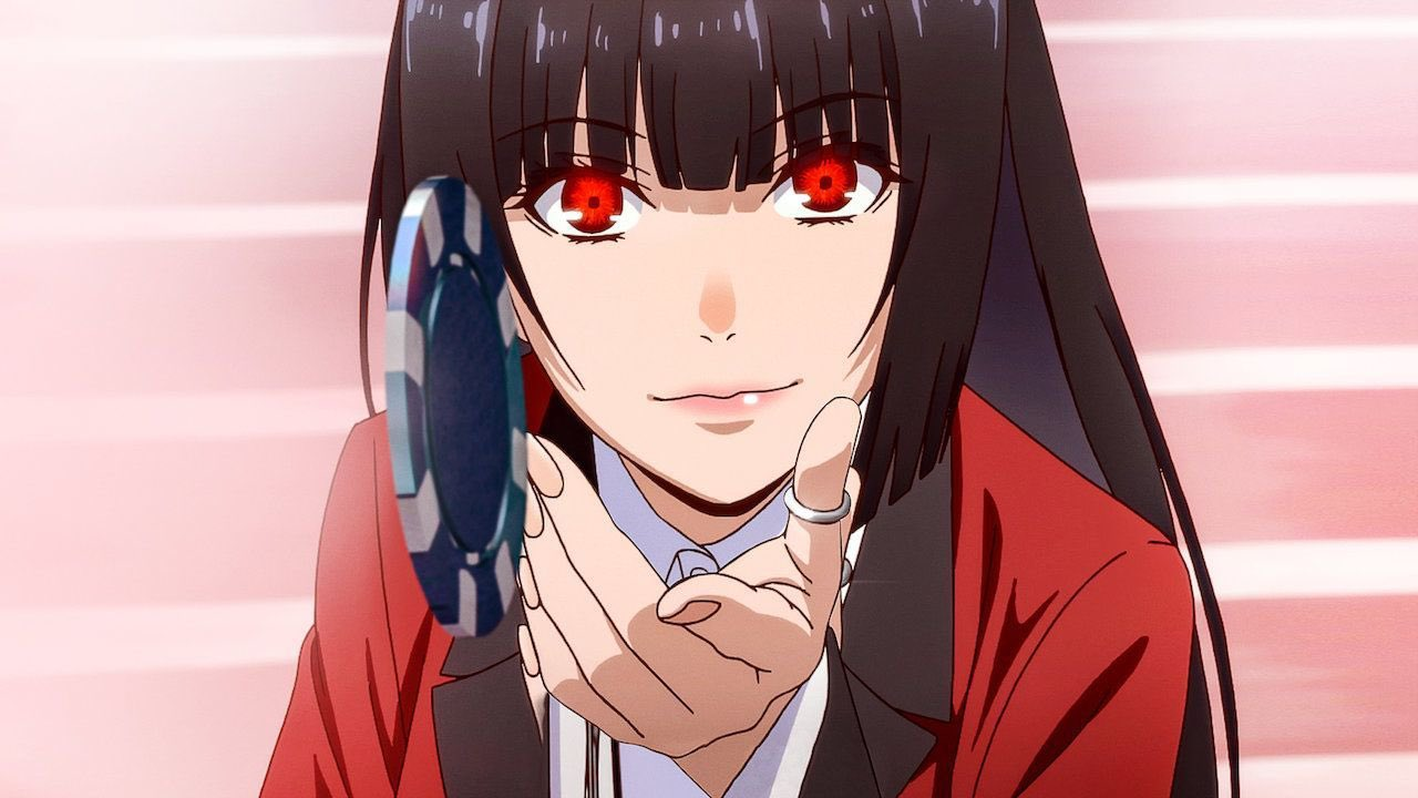 Yumeko with red eyes throwing a chip