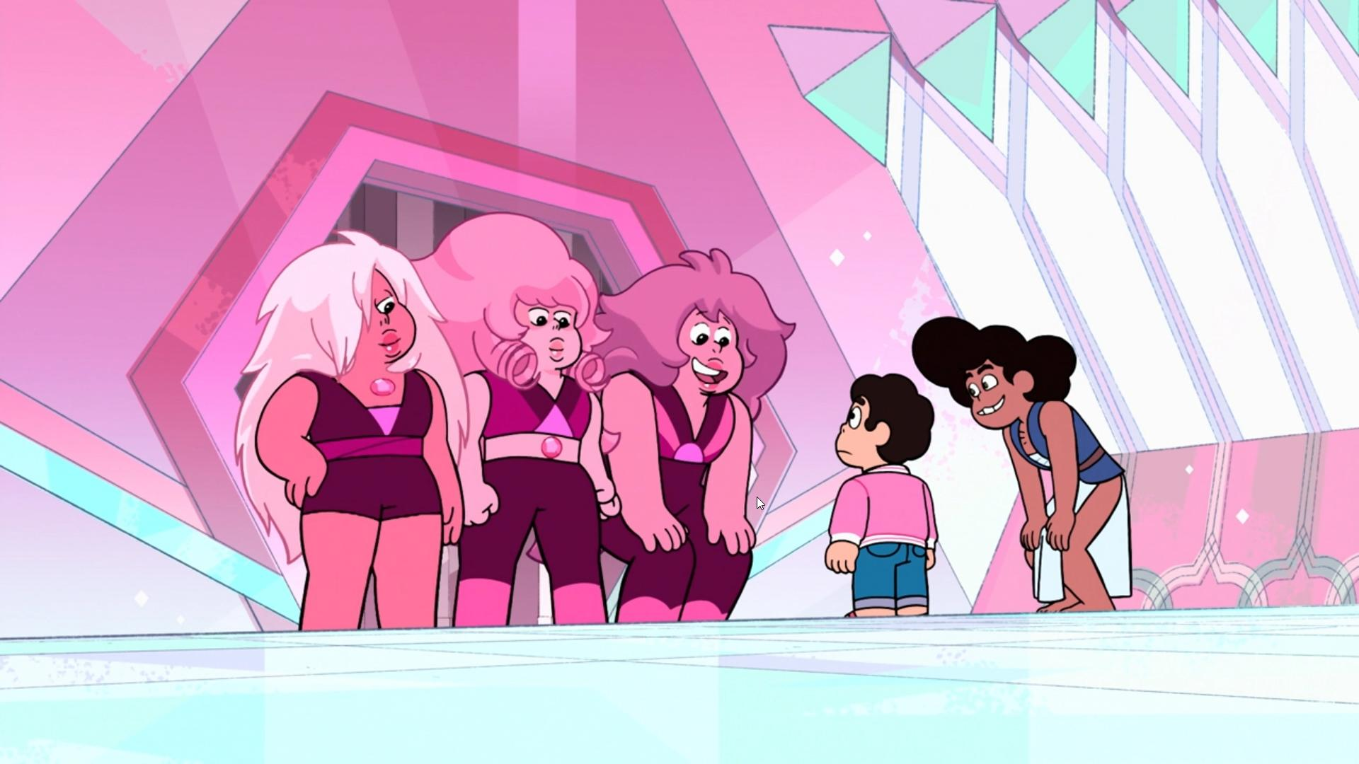 Steven Universe Future screenshot - three Rose Quartzes with Steven on the Human Zoo ship
